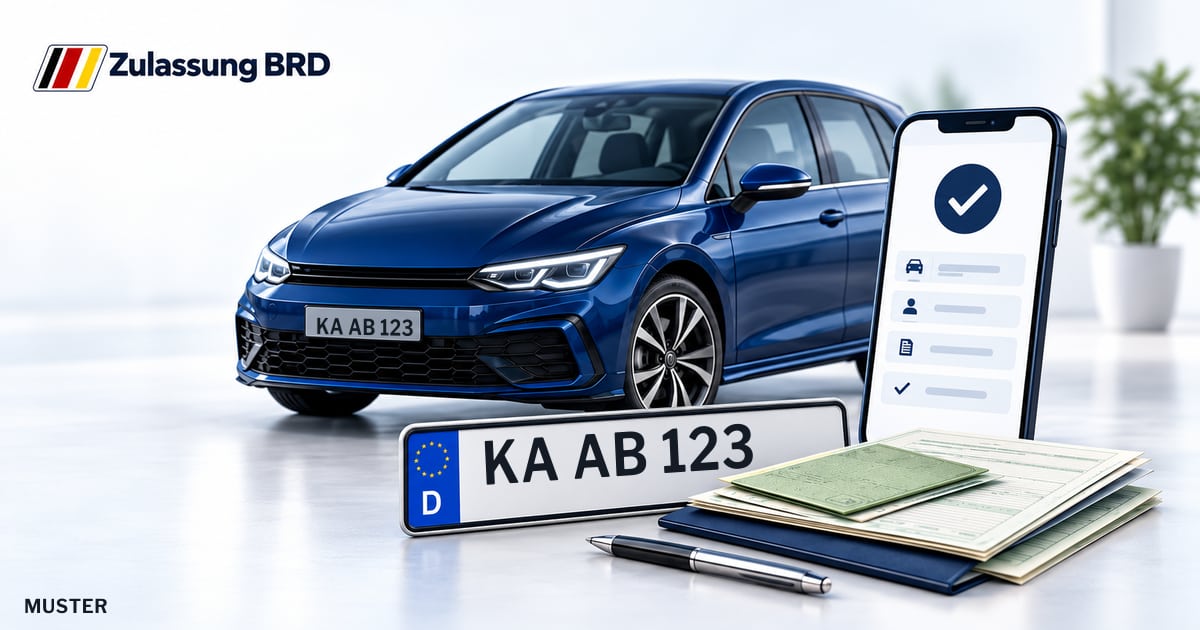 Online Fahrzeugzulassung in Graben-Neudorf: Musterkennzeichen KA AB 123, Auto und Fahrzeugpapiere und Smartphone. Illustration mit Logo von Zulassung BRD.